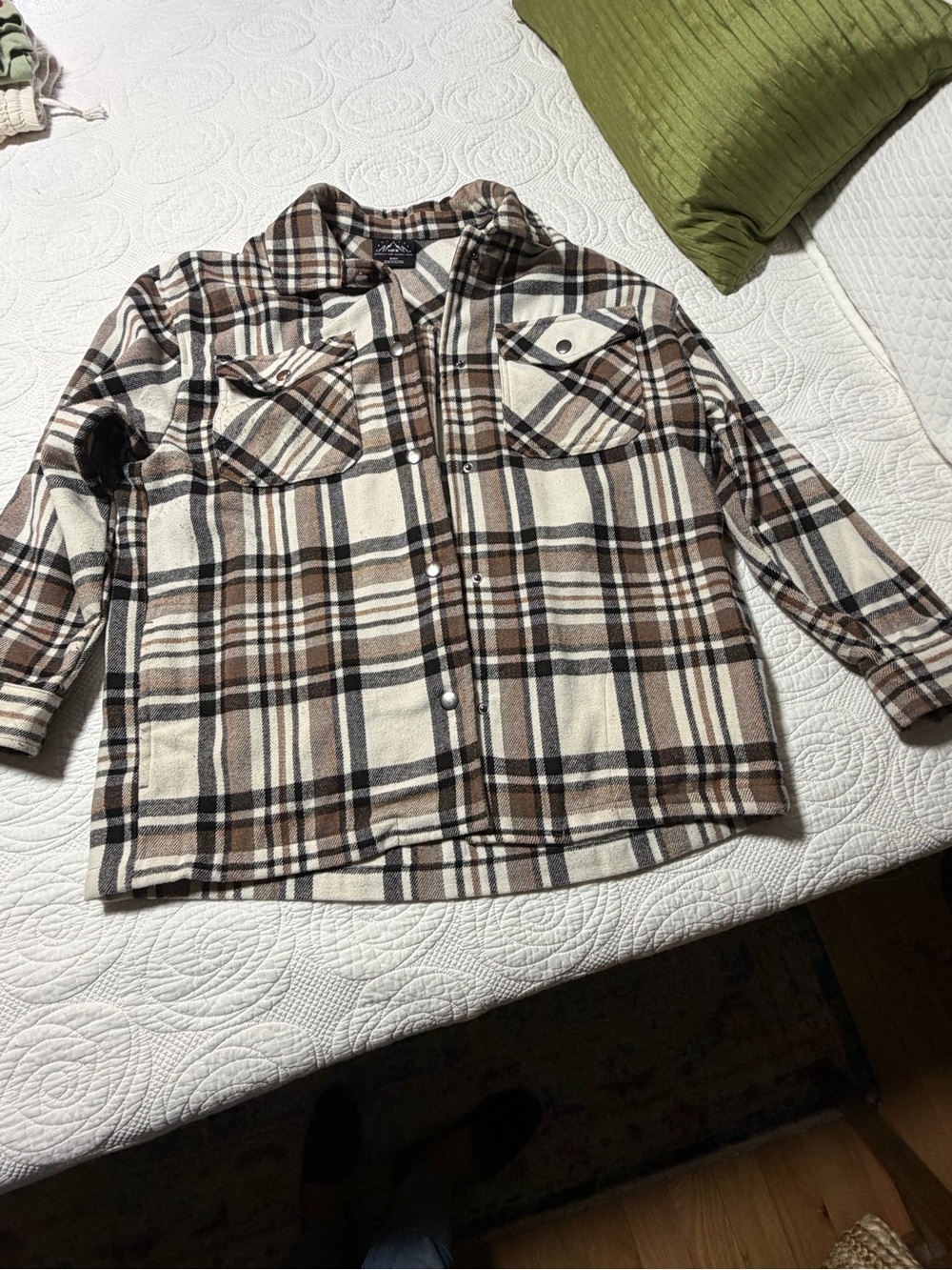 Plaid Button-Down Shirt Jacket in Brown and Cream